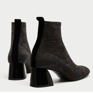 ZARA Trafaluc Black Multicolor Glitter Fitted Fabric Sock Ankle Boots Block Heel